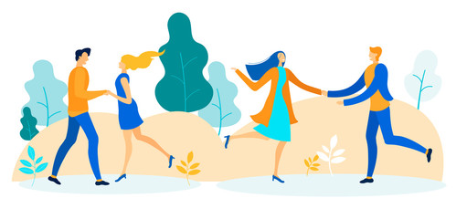 Couples in Love Having Romantic Date in City Park Cartoon. Flat Happy Men and Women Characters in Pairs Walk Holding Hands. Sweet Life Moment. First Meeting. Creation Relationship. Vector Illustration