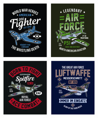 Vintage World War 2 Fighter Aircraft Graphic T-shirt Collection  - obrazy, fototapety, plakaty
