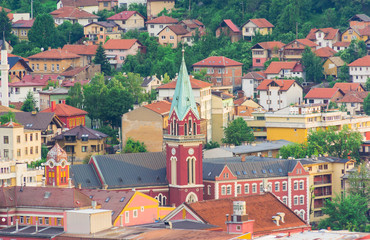 Tower of the Franciscan church and monastery of St. Anthony of Padua in Sarajevo.