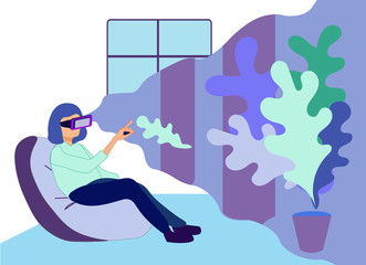 Woman in VR Headset Enjoy Viewing Virtual Floral Art Gallery or Museum Exhibition. Female Character Sitting in Soft Chair and Looking at Houseplant in Pot and Touching Leaf. Vector Flat Illustration