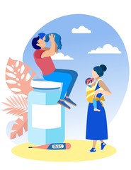 Man with Baby Sits on Jar of Medicine and Woman with Child in Sling. Vector Illustration. Reliable Protection. Insurance Company and Client. Health Insurance. Health Care. Family with Children.