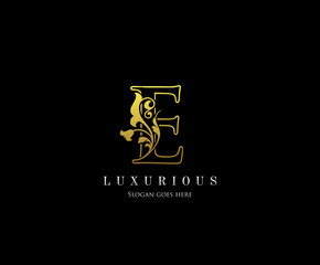 Gold E letter luxury beauty flourishes ornament monogram logo perfect for boutique, wedding invitation, restaurant,hotel.