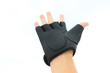 Hand wearing sport glove asking or offering help isolated on white background. Giving a helping hand.