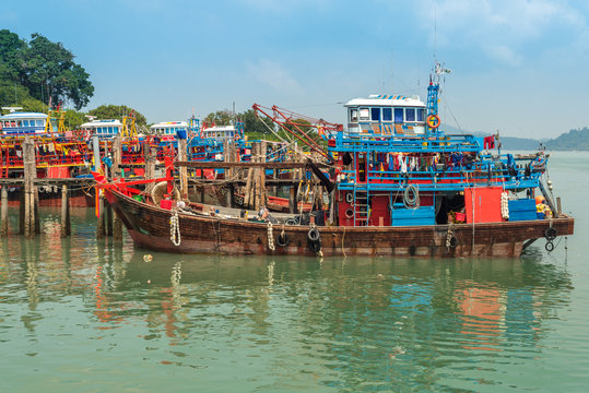 Many Fishing trawler are moored in the harbor of the small town Pekan Pangkor on the island of Pangkor on the west coast of Malaysia