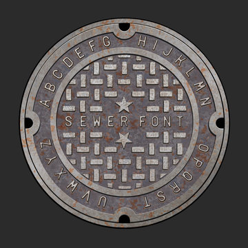 Old rusty iron alphabet font on realistic manhole cover.  Easy to edit vector design with layers.  Sewer cover template for use in your unique design. 