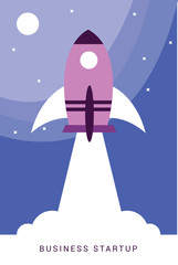 Fototapeta premium Wystrzelenie rakiety w niebo przelatujące nad chmurami. Statek kosmiczny w chmurach dymu. Pomysł na biznes.