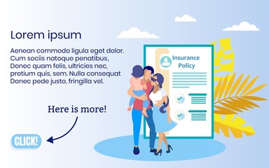 Family on Background Insurance Policy with Text. Screenshot Website. Insurance Policy. Vector Illustration. Reliable Protection. Insurance Case. Life and Health Insurance on Vacation.