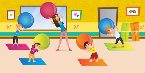 Cartoon Woman Teaching Children Stretch with Gymnastics Ball Vector Illustration. Pilates Training Yoga Exercise. Sport Trainer Instructor Teach Kids. Boy Girl in Sportswear in Gym Room