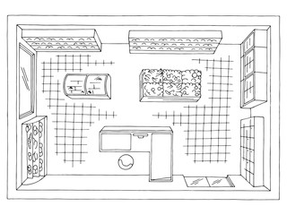 Grocery store shop interior top aerial view black white graphic sketch illustration vector