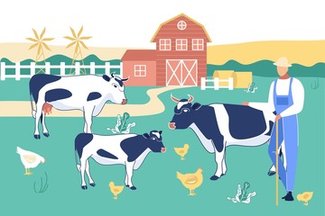 Man in Chaff Hat Stand with Long Stick on Farm with Barn Gazing Cows and Poultry Eating Green Grass. Shepherd Character, Villager or Farmer Working with Cattle Outdoor Cartoon Flat Vector Illustration
