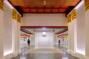 Beautiful architecture design Thai style inside Sanamchai station of MRT train