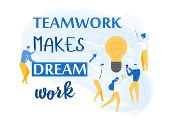 Teamwork Motivational Inspirational Slogan or Phrase and Business People, Office Employees Working Together. Well-coordinated Teamwork and Effective Productive Management. Flat Vector Illustration.