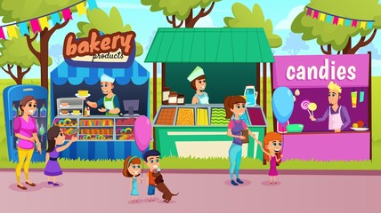 Advertising Poster Bakery Product and Candies. Shops are Located in Several Places Fair. Women with Children are Standing Next to Trading Tent. Sellers Offer Pastries and Sweets. Vector Illustration.