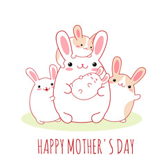 Happy Mother's day card with cute family of bunnies