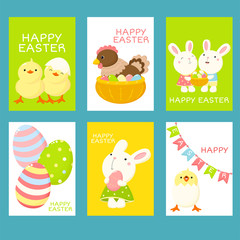 Set of Easter cards with cute bunnies and chicken