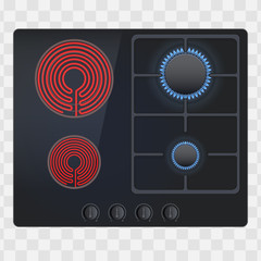 Glass Surface of electric and gas hob. Swith On. Domestic kitchen equipment. Above view of kitchen stove. Editable Vector illustration Isolated on transparent background.