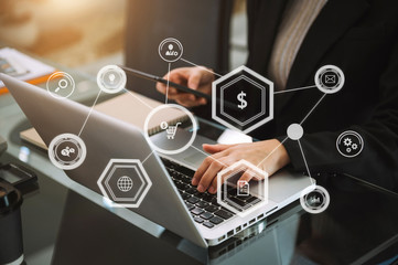 Coding software developer work with augmented reality dashboard computer icons  with responsive cybersecurity.