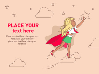 Woman in a red cloak flies in the sky and catches a star