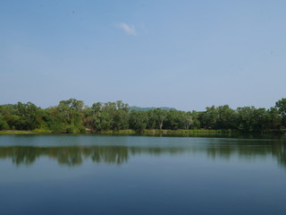 landscape with lake and blue sky