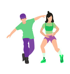 Fototapeta na wymiar Vector illustration with guy and girl dancing hip hop. Teenagers are dressed in modern green and purple clothes. Trend colors and movements. Party or dance school billboard for children and teens.
