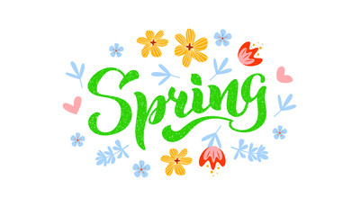 Spring Handwritten green lettering isolated on white. Vector illustration with flat flowers for poster, card, calendar, spring logo, bullet journal. Concept spring advertising. EPS 10