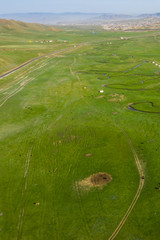 Aerial view of the Mongolian countryside, not far from Ulaanbaatar, the capital of Mongolia, circa...