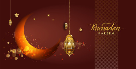 Ramadan Kareem design with arabic lantern, crescent and mosque, Elegant design template, place for text greeting card and banner for Ramadan kareem. Arabic calligraphy. translation is "Ramadan kareem"