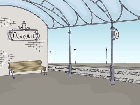 Railway station graphic train platform color sketch illustration vector