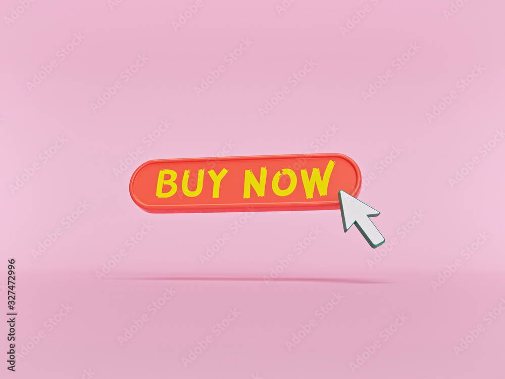 Poster modern minimal style buy now button with mouse click symbol isolated on pastel pink background. inte