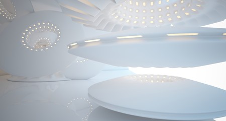 Abstract architectural background. White interior with smooth discs. Neon lighting. 3D illustration and rendering.