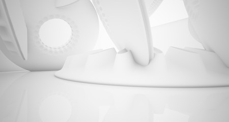Abstract architectural background. White interior with smooth discs. 3D illustration and rendering.