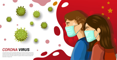 Corona virus in China, Vector Illustration. coronavirus (2019-nCoV), man and woman wear medical mask. Concept of poster beware coronavirus.
