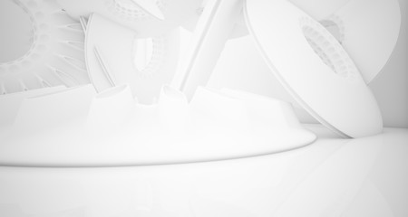 Abstract architectural background. White interior with smooth discs. 3D illustration and rendering.
