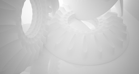 Abstract architectural background. White interior with smooth discs. 3D illustration and rendering.