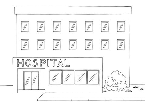 Hospital building front view graphic black white sketch illustration vector