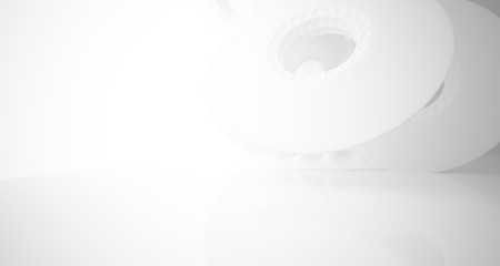 Abstract architectural background. White interior with smooth discs. 3D illustration and rendering.