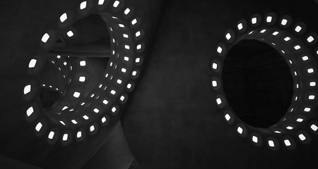 Architectural background. Abstract concrete interior with smooth chrome discs. Neon lighting. 3D illustration and rendering