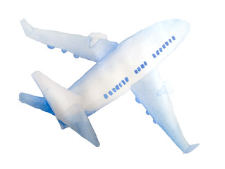 Watercolor hand drawn illustration of passenger airplane aircraft plane in blue colors. For tourism trip journey flight concept. Design for airlines touristic websites vacation business trip.