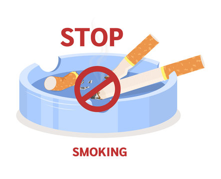 Smoking tobacco, bad habits set. Cigarettes with filter, cigar with tobacco, concept no smoking. Stop smoking red sign. The harm of tobacco flat vector illustration