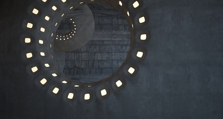 Architectural background. Abstract concrete interior with smooth chrome discs. Neon lighting. 3D illustration and rendering.