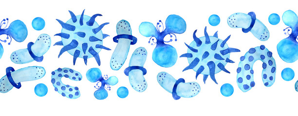 Hand drawn watercolor light dark blue cold viruses and bacteria seamless horizontal border. Microscopic cell illness, virus, bacterium and microorganism illustration. Microbiology concept. Flat