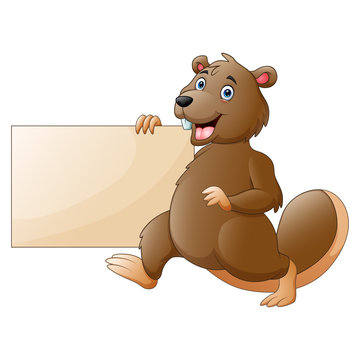 Cartoon beaver holding a blank sign
