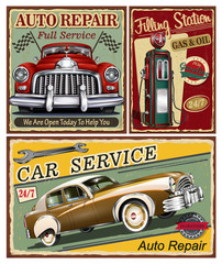 Set of vintage car metal signs,Garage, Filling Station retro posters.