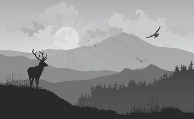Zelfklevend Fotobehang berglandschap met een hert en vogels die naar de zon vliegen, vectorillustratie, silhouetsamenstelling met goed detail © kozerog2015