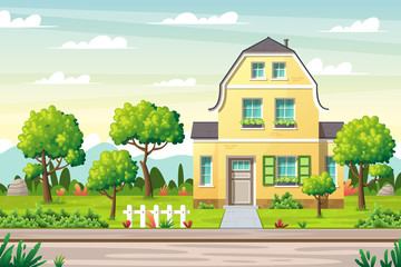 Country house with large garden on a street in summer. Concept for real estate, architecture, advertising, web backgrounds. Vector Illustrations with separate layers.