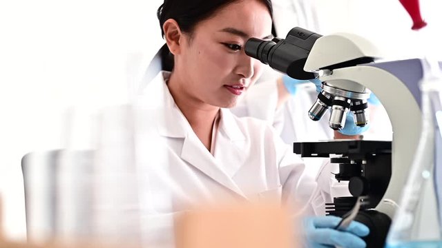 双眼鏡を覗く研究者の女性