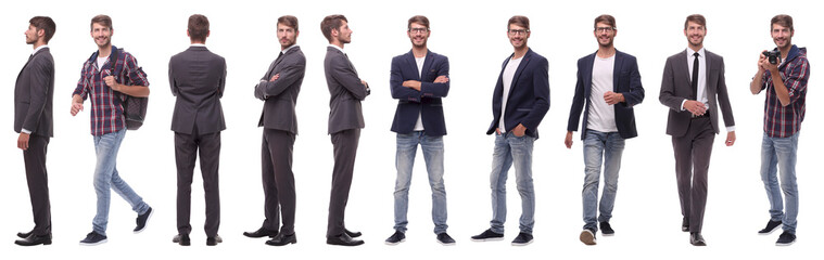 panoramic collage of self-motivated young man .isolated on white