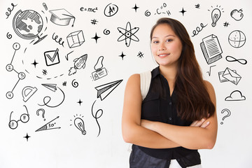 Hand drawn education pictures with young woman with backpack. Portrait of beautiful young female college student standing with crossed arms and looking at camera. Education concept