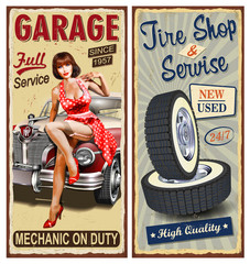 Set of vintage car metal signs,Garage, Tire Service retro posters.