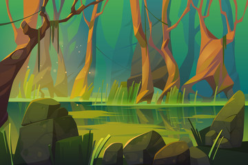 Swamp in tropical forest, fairy landscape with marsh, trees trunks, bog grass and rocks. Vector cartoon illustration of wild jungle, rain forest with river or swamp